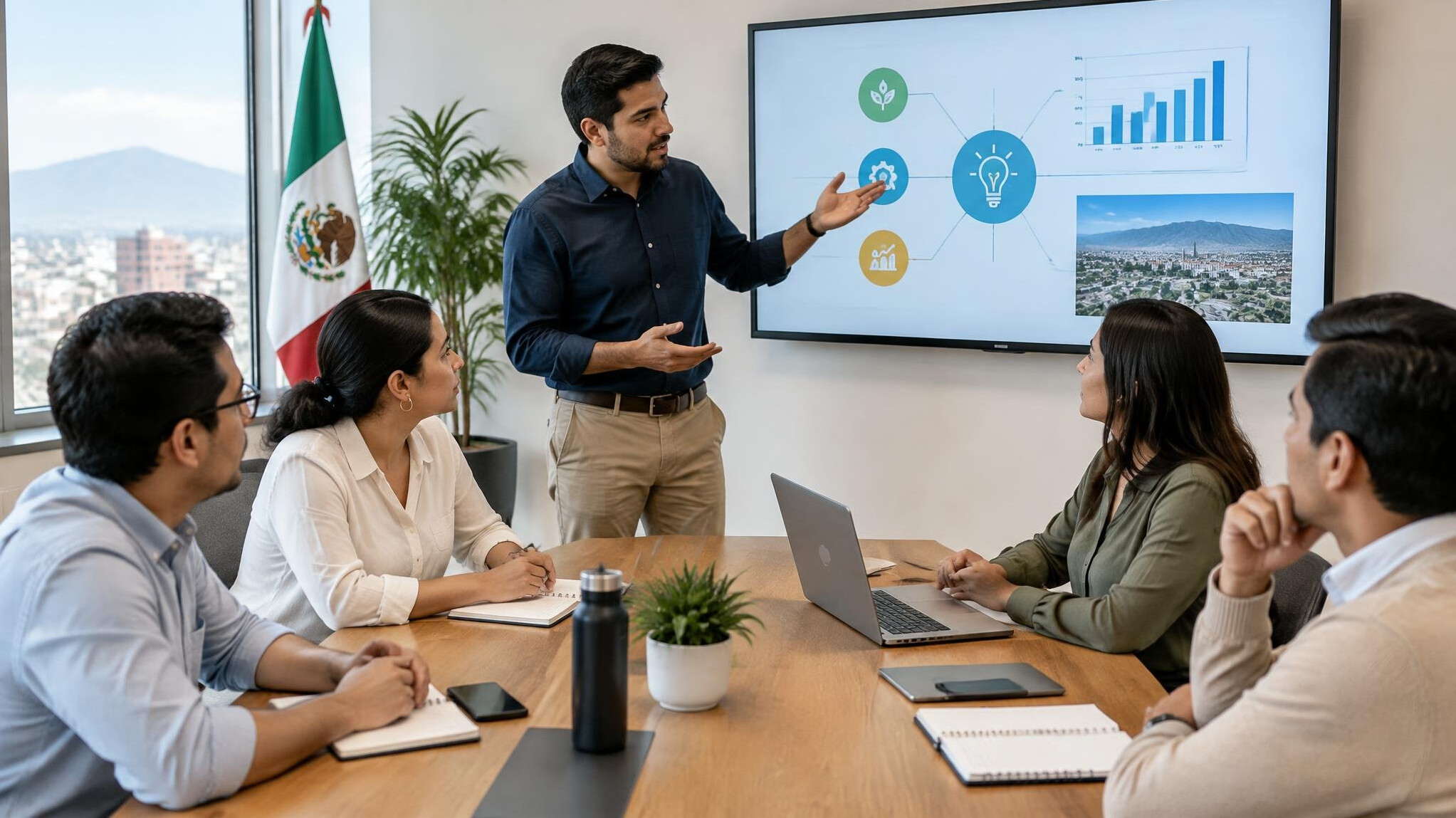 Equipo de oficina mexicano reunido discutiendo un proyecto