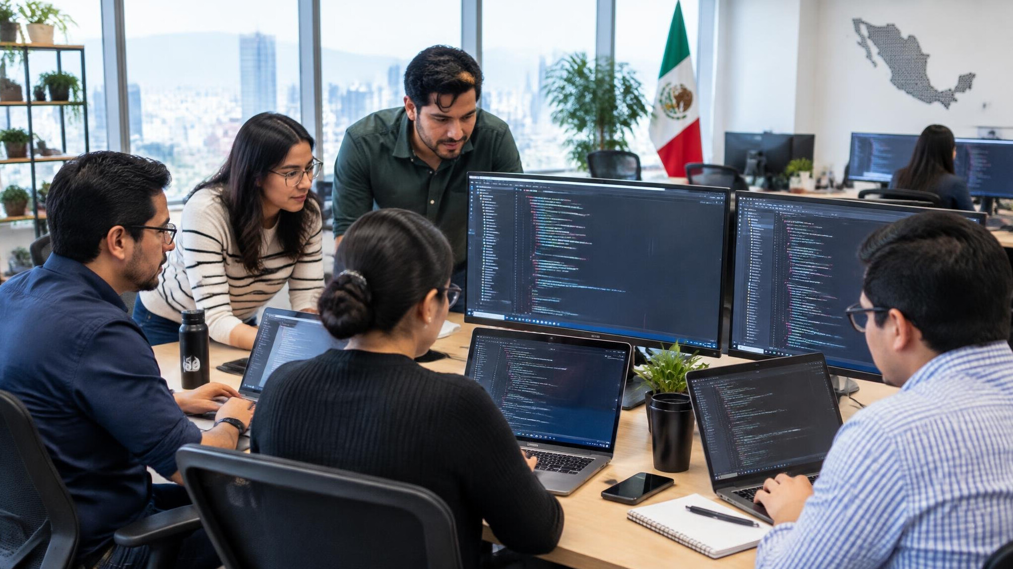 Equipo de desarrolladores mexicanos trabajando en una oficina moderna en varias pantallas de código